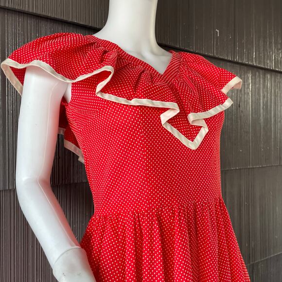 🔥Vintage 80s Swiss Polkadots Striped Ruffled Overlay Full Skirt Dopamine Dress - Picture 6 of 17